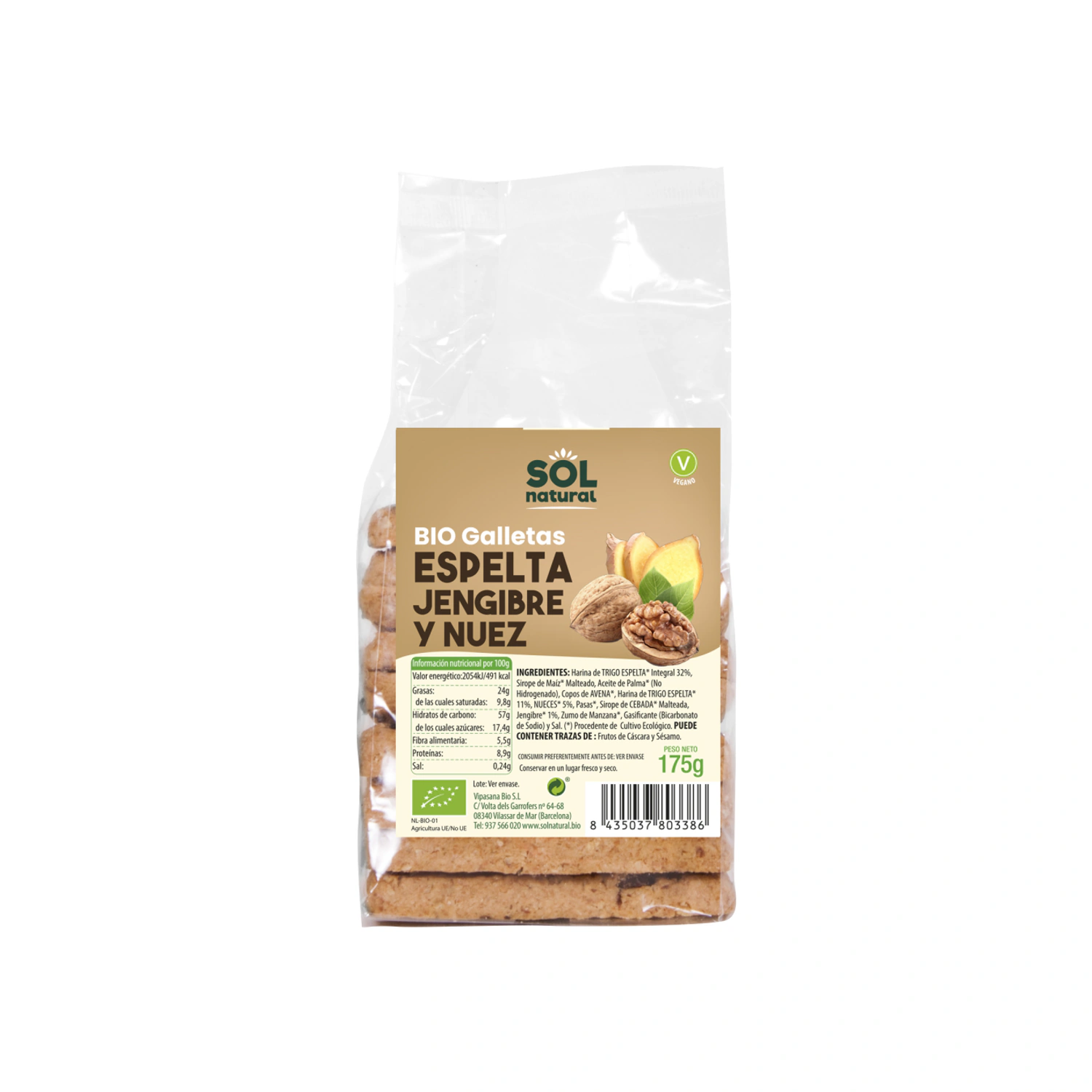 Galletas de espelta con jengibre y nueces Bio 175 g Sol Natural