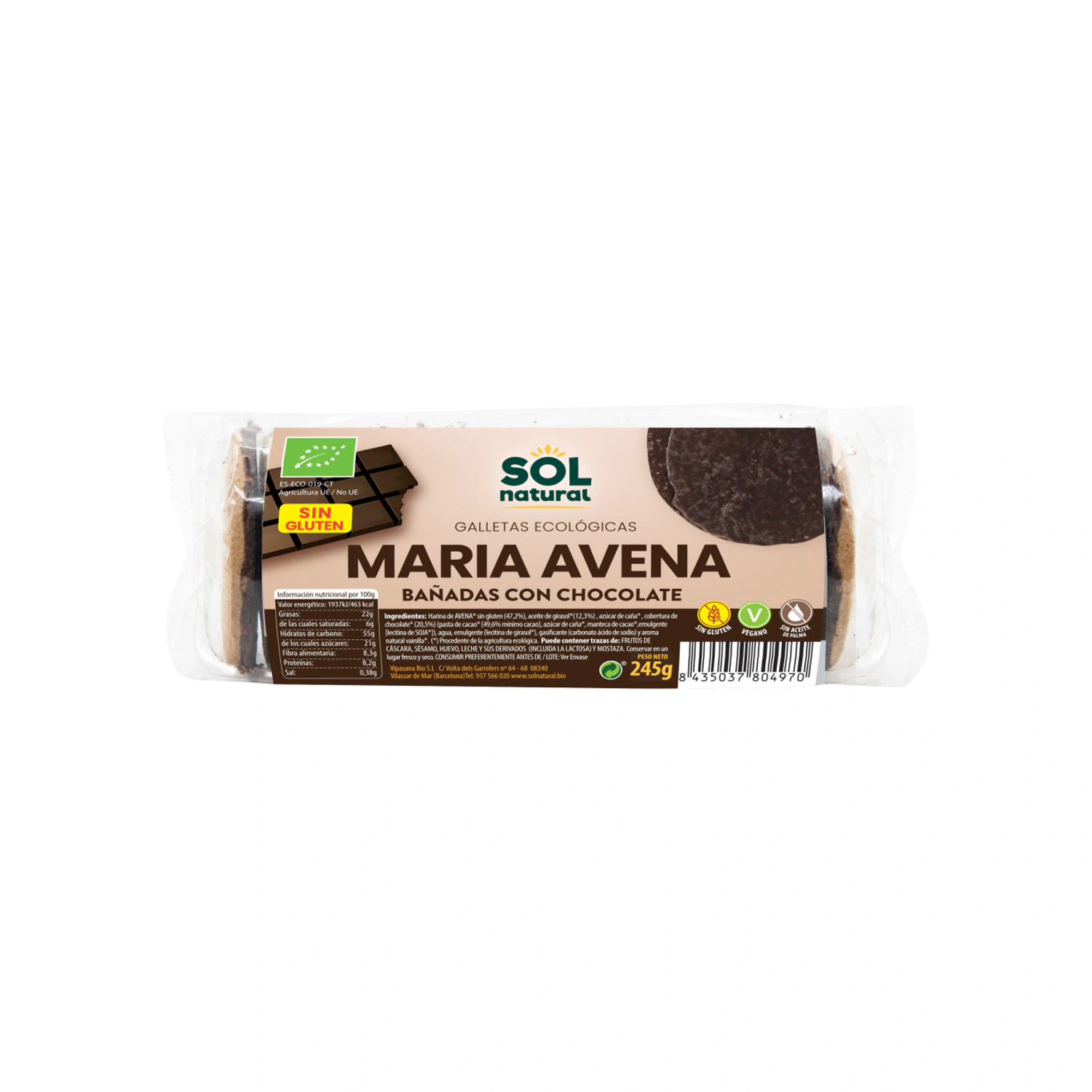 Galletas María de avena bañadas en chocolate sin gluten Bio 245 g Sol Natural