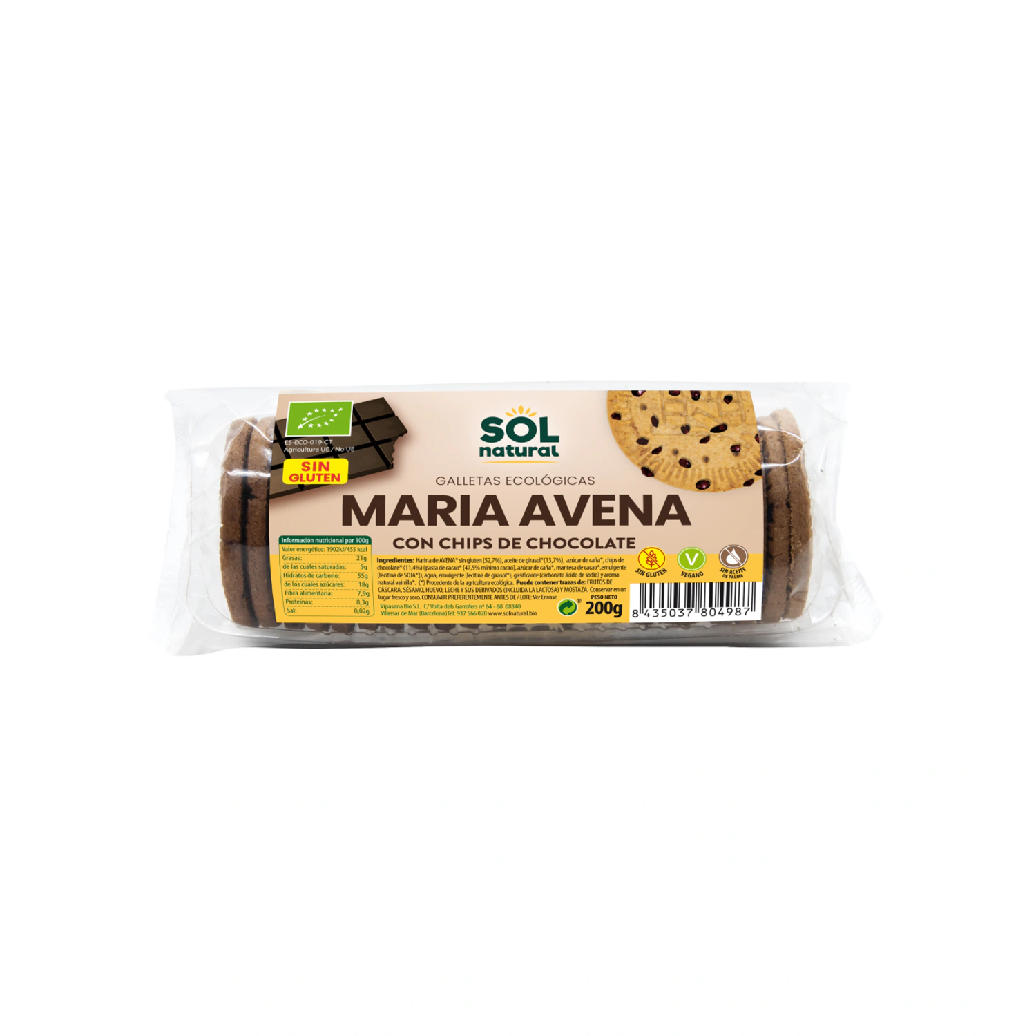 Galletas María de avena con chips de chocolate sin gluten Bio 200 g Sol Natural