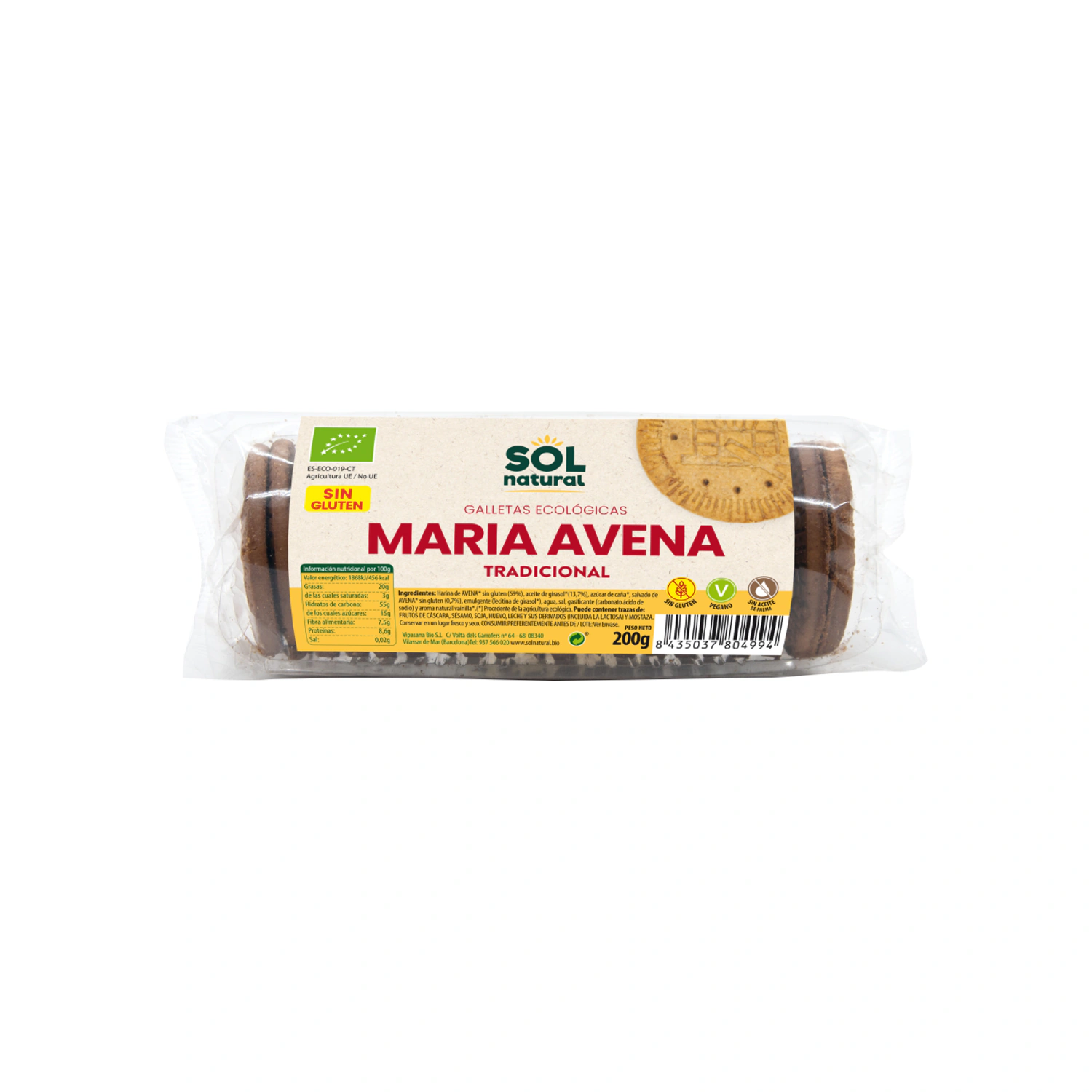Galletas María de avena tradicionales sin gluten Bio 200 g Sol Natural