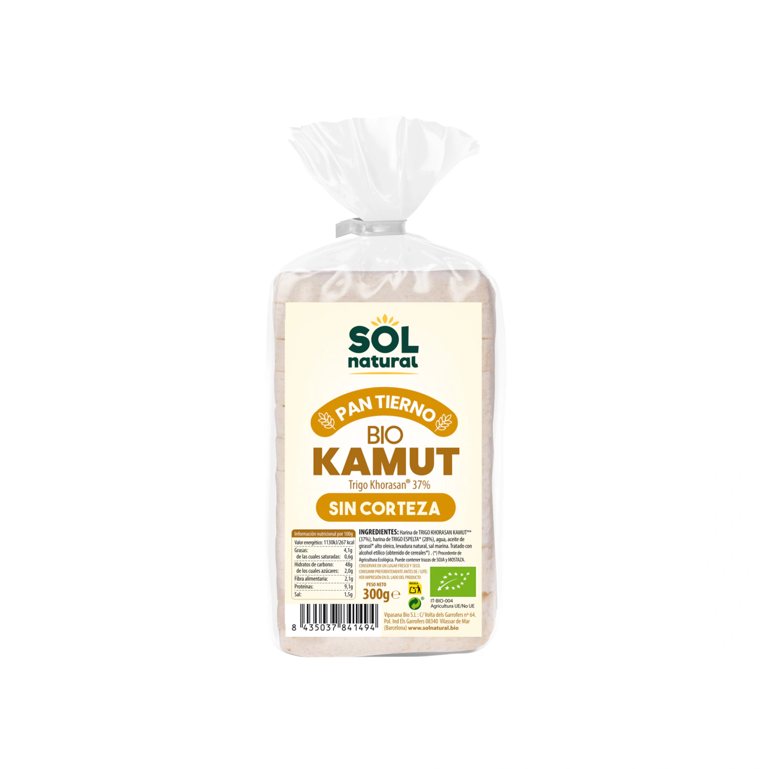 Pan de molde tierno de kamut sin corteza Bio 300 g Sol Natural