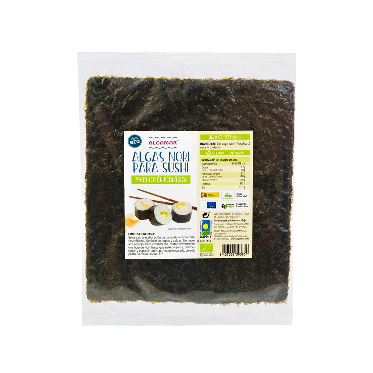 Alga nori sushi 10 hojas Bio 25 g Algamar