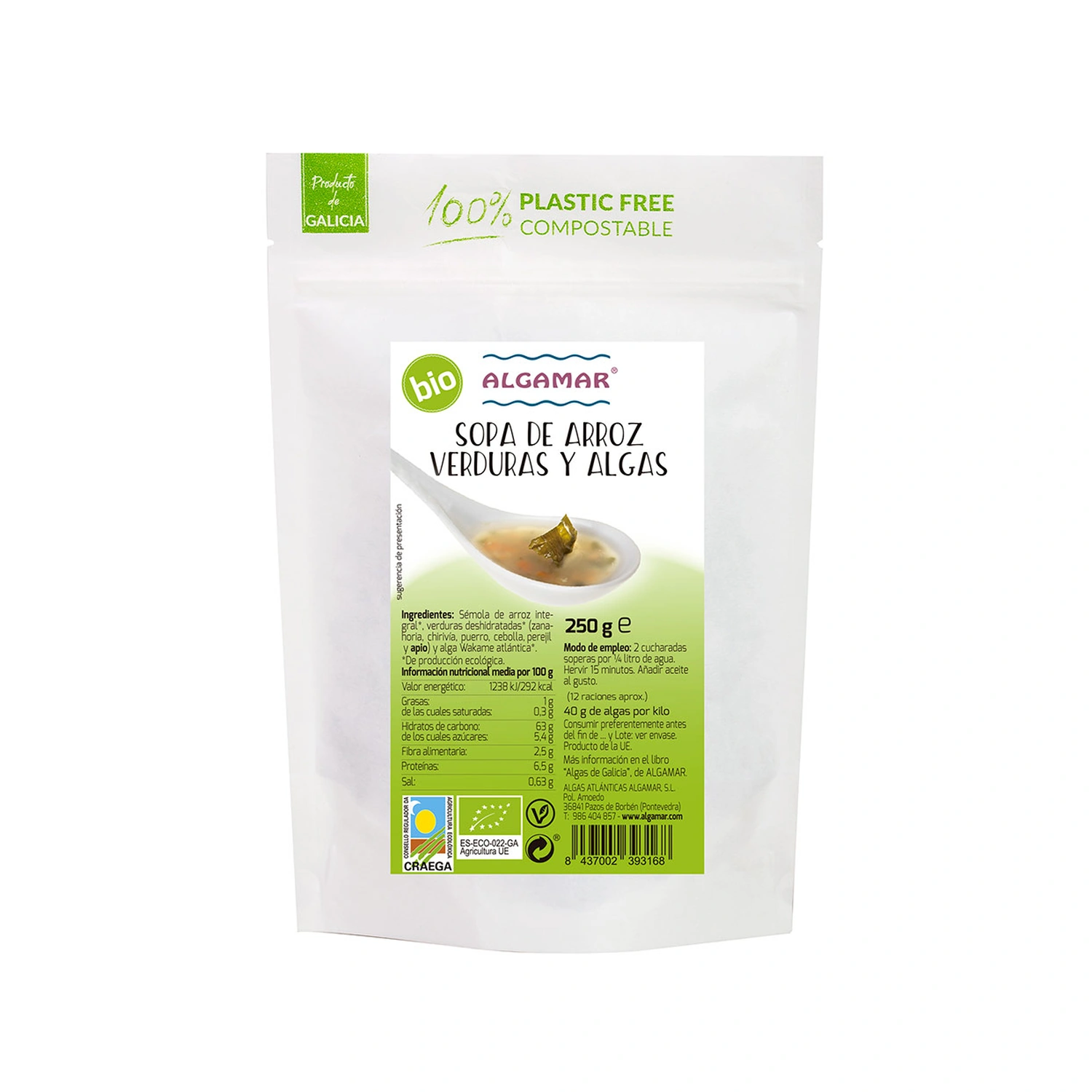 Sopa de arroz, verduras y algas Bio 250 g Algamar